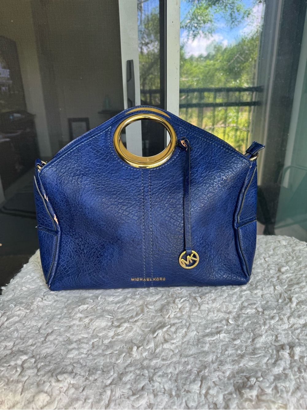 Michael Kors Blue Leather Shoulder Tote with Gold Ring Handles